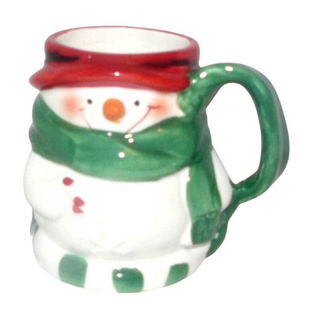 Ceramic Snowman Mug Red Hat Green Scarf Winter Christmas Holiday Gift Idea